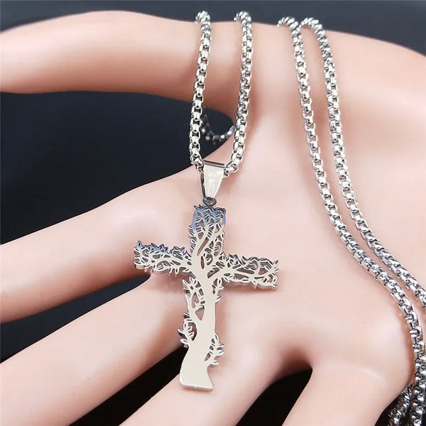 Stainless Steel Tree of Life Cross Pendant Necklace Silver Color Men Women Aesthetic Necklace