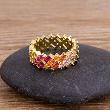 New Geometric Luxury Boho Rainbow Copper Cubic Zirconia Ring For Women