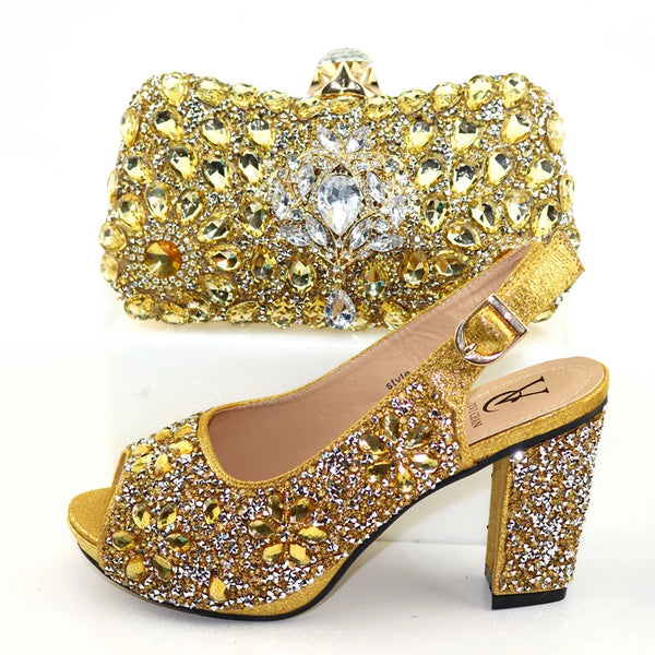 Gold Color African Shoe and Bag Set for Party In Women Nigerian Women Wedding Shoes and Bag Set