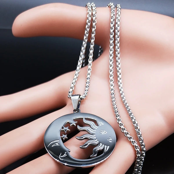 Witchcraft Moon Knight Sun Stainless Steel Necklace Silver Color Amulets Necklaces