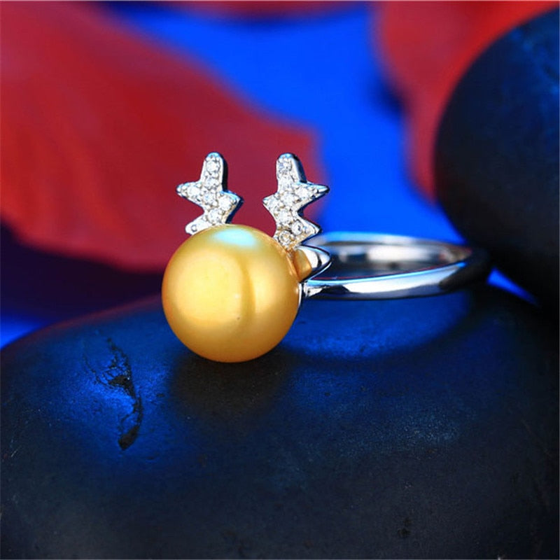 Drill With Deer Genuine Natural Pearl Ring, 925 Sterling Silver Rings for Women