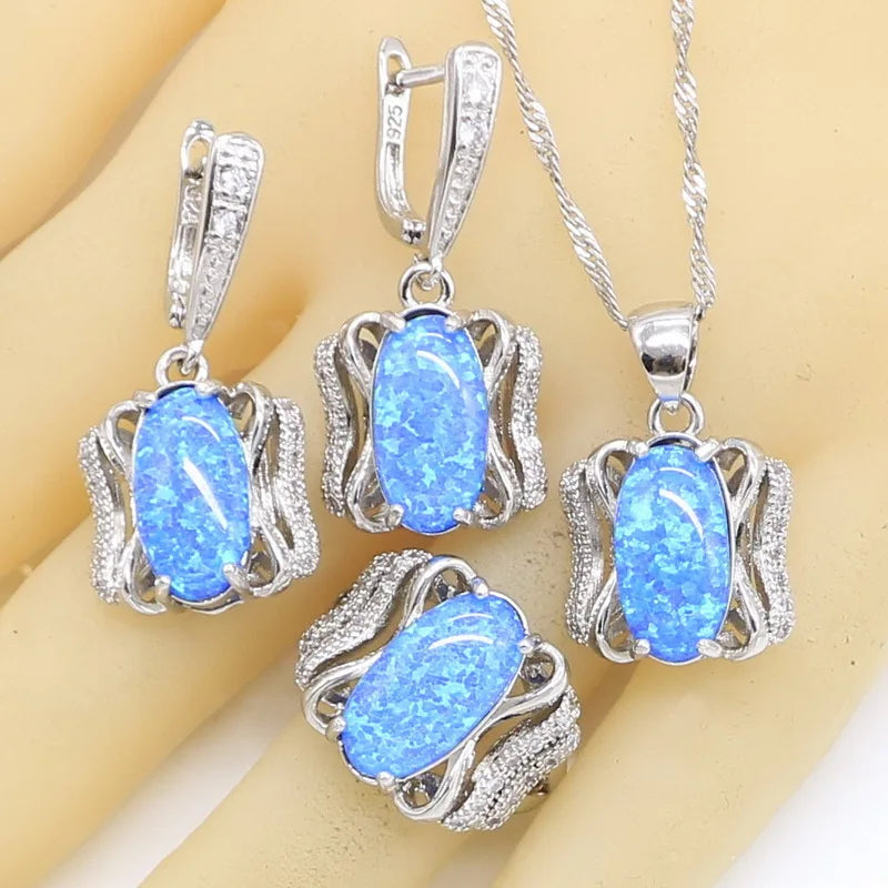 Blue Opal Silver Color Jewelry Sets For Women