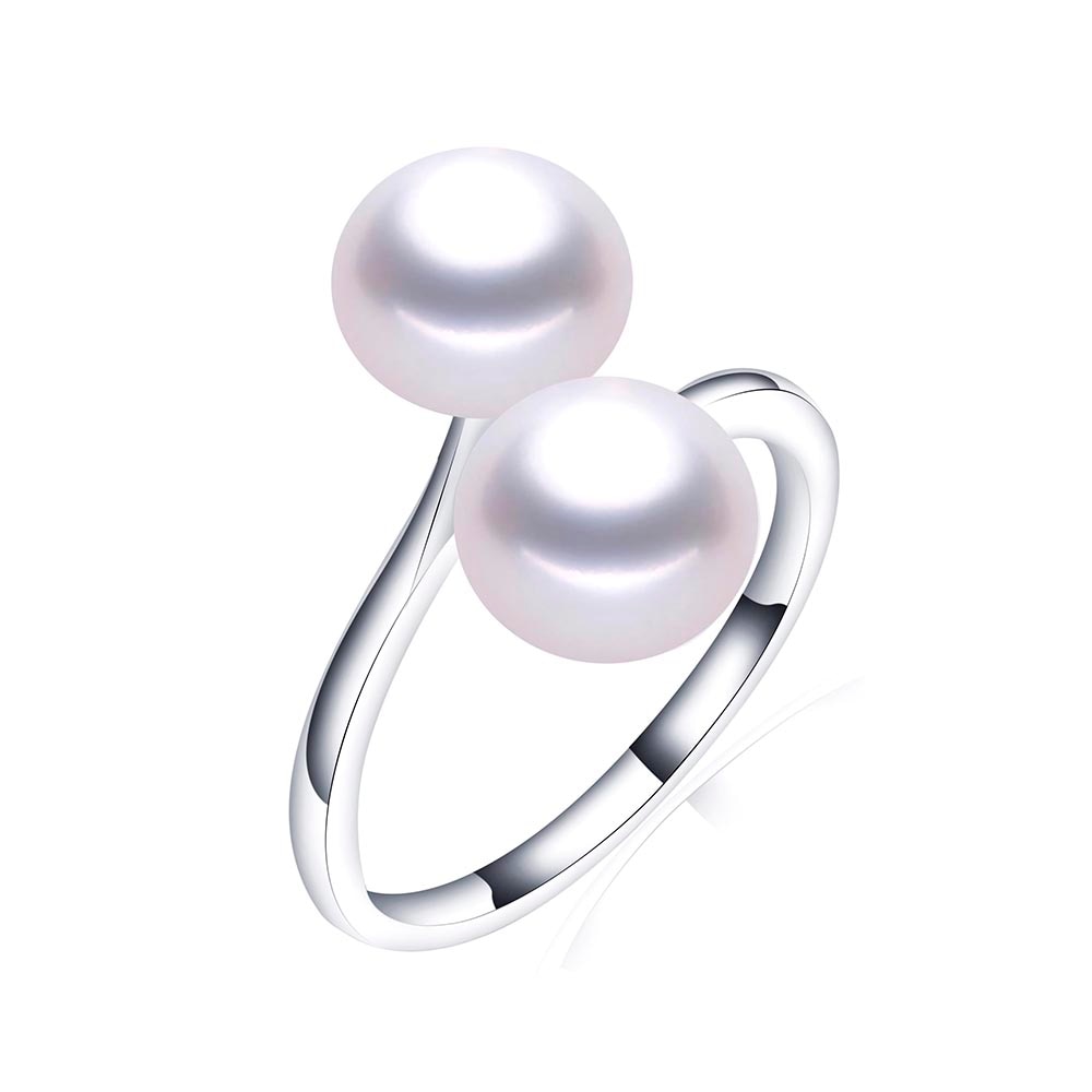 Fashion Simple Double Natural Freshwater Pearls 925 Silver Open Finger Ring