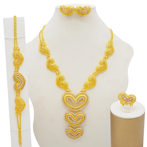 Dubai Gold Color  Long Necklace Earrings Bracelet Ring Jewelry Sets