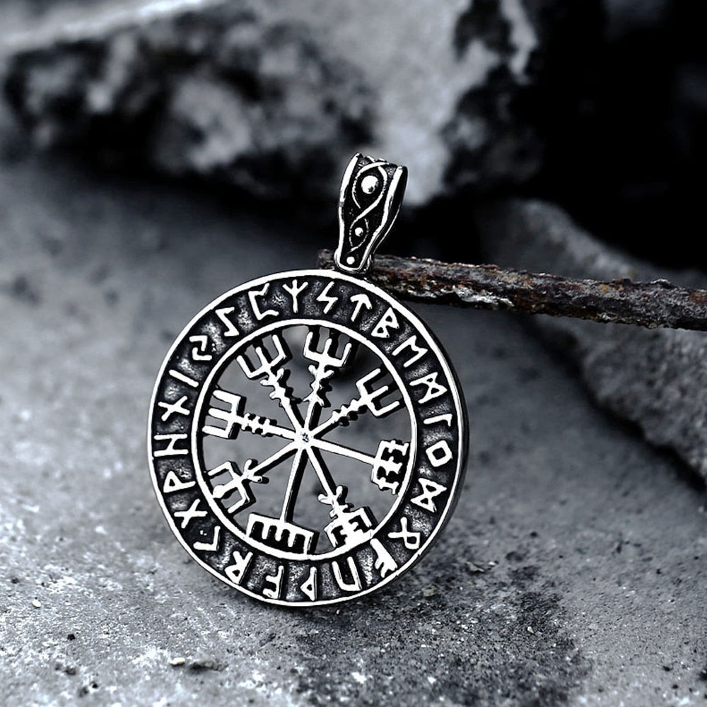 Vintage Stainless Steel Viking Compass Pendant Necklace Men