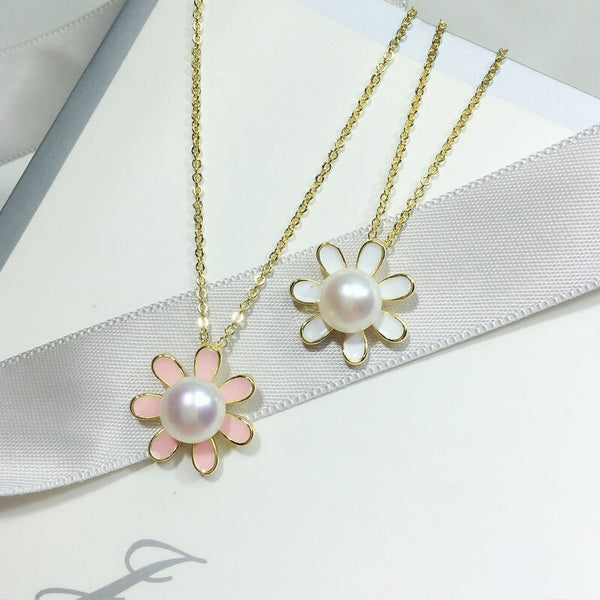 New Little Daisy Charm Chain Necklace 100% Natural Pearl Pendant