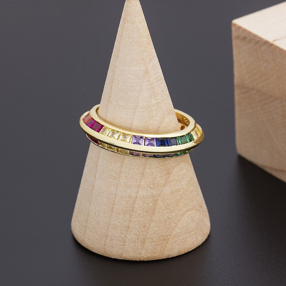 New Geometric Luxury Boho Rainbow Copper Cubic Zirconia Ring For Women