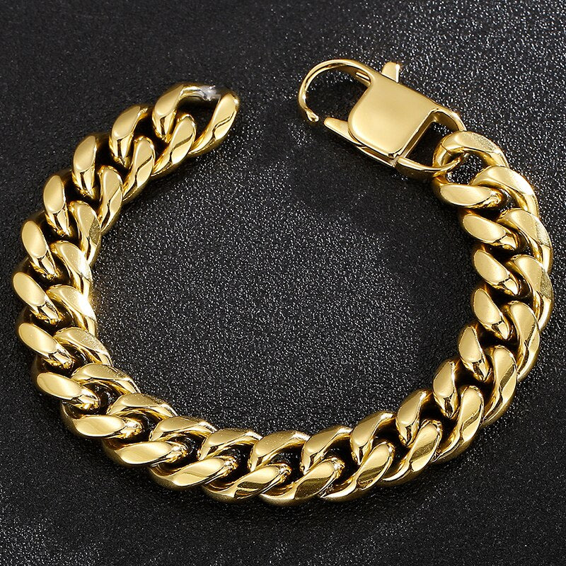 14MM Cuban Chain On Hand Bracelet Man Solid Polished Stainless Steel Curb Cuban Link Men's Bracelets