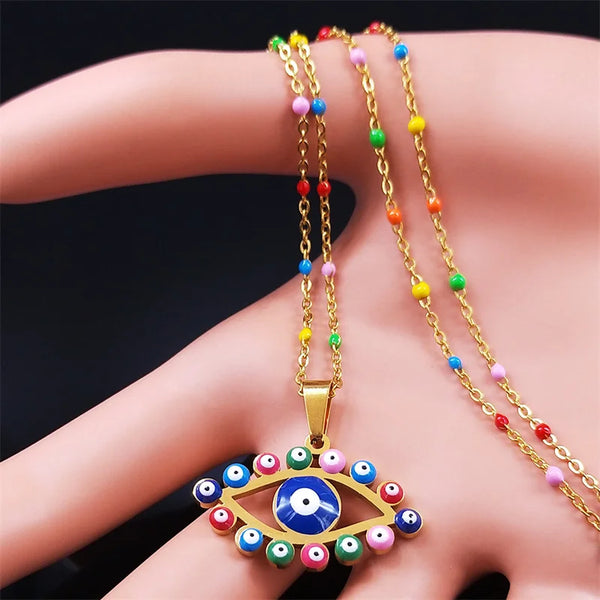 Natural Stone Stainless Steel Eye Necklaces Women Turkey Eyes Gold Color Charm Necklace