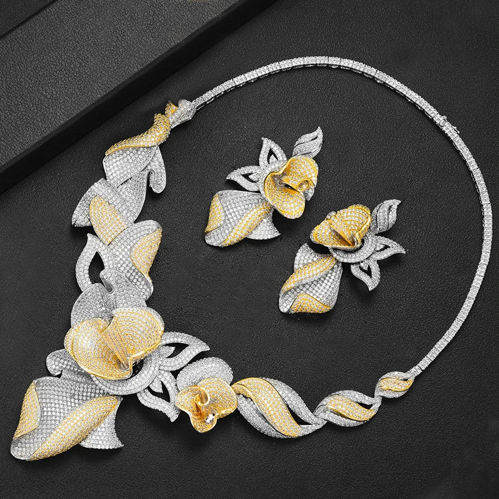 Brand 4PCS Luxury Bicolor 3D Flowers Statement Choker Jewelry set For Women