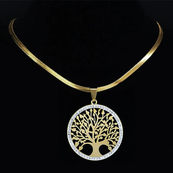 Tree of Life Crystal Stainless Steel Choker Necklace for Women Gold Color Chain Necklaces