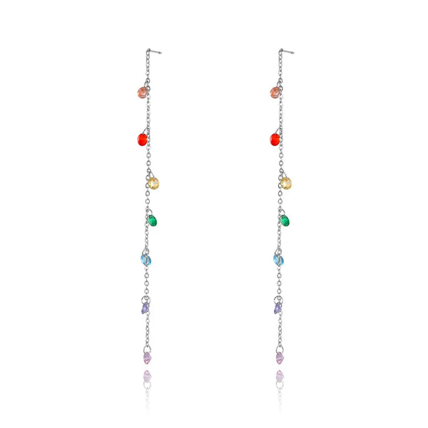 Sparkling Titanium Stainless Steel Colorful CZ Crystal Tassel Earrings