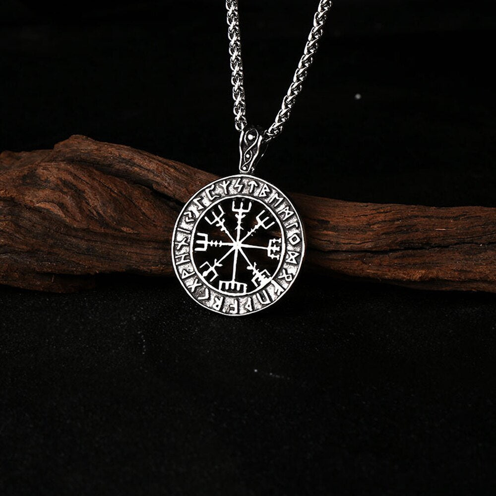 Vintage Stainless Steel Viking Compass Pendant Necklace Men