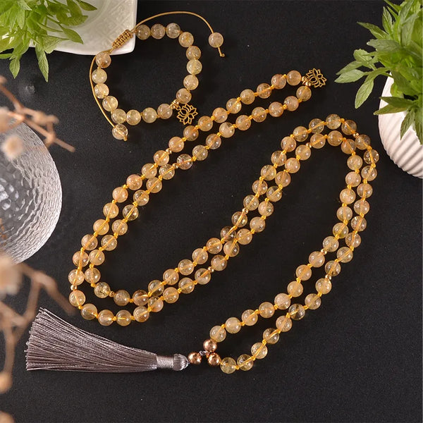 108 Natural Citrine Japamala Necklace Meditation Yoga Blessing Rosary Jewelry Bracelet Set