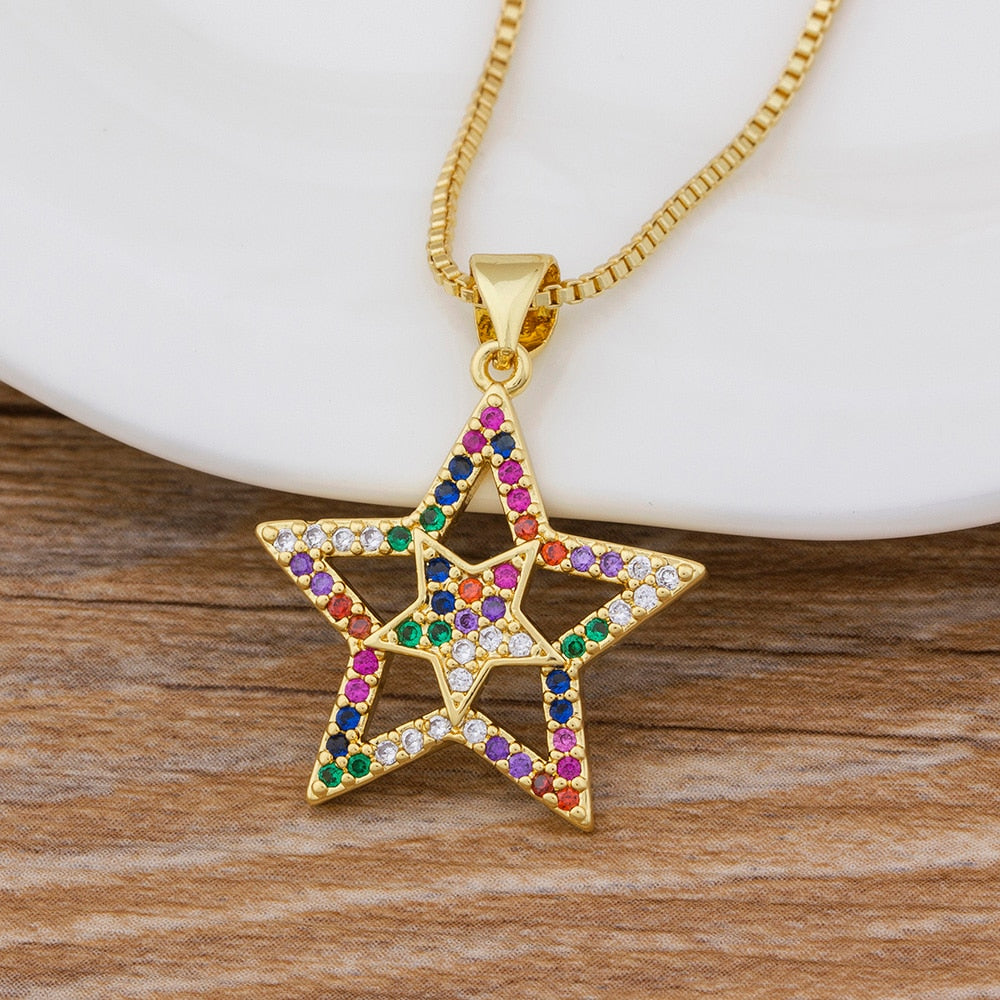 Fashion Rainbow Necklace Multicolor Pendants Charm Gold Color Jewelry Long Chain Necklace