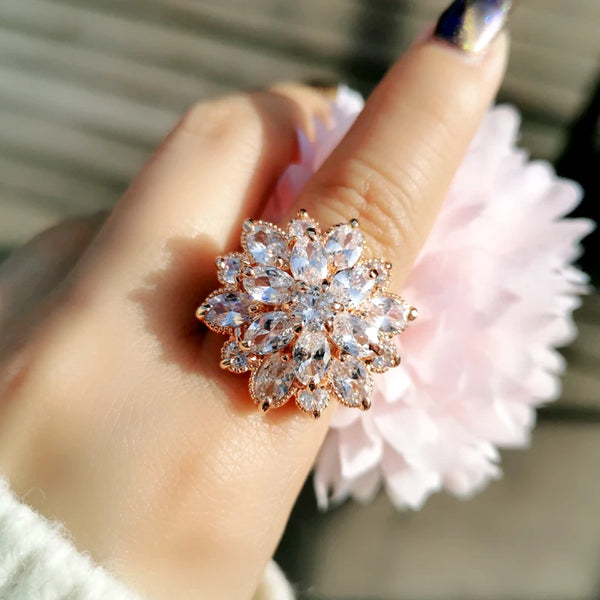 Luxury Crystal Flower Rings For Women Wedding Engagement Jewelry Rose Gold Silver Color Ring