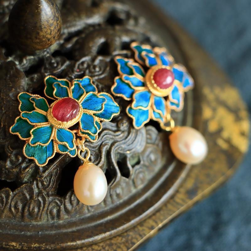 Original designer craft Cloisonne gilt silk Ruby Pearl Earrings