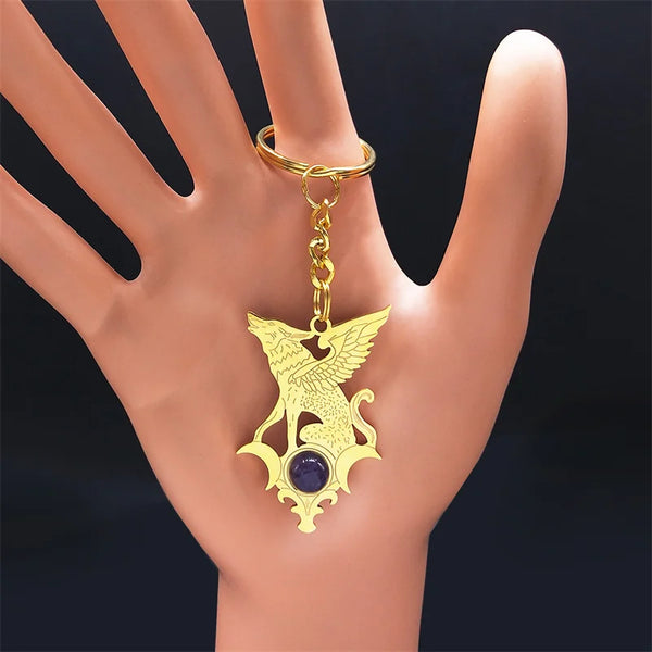 Witchcraft Stainless Steel Moon Flying Wolf Key Chain Gold Color Purple Crystal Keyrings