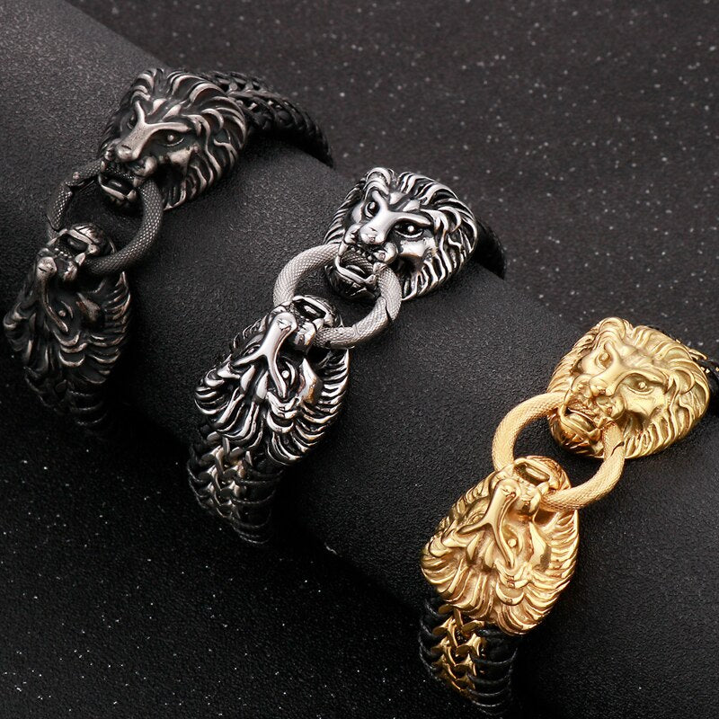 Stainless Steel Lion Head Charm Bracelet for Men