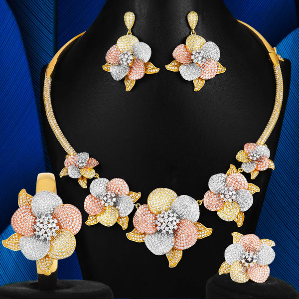 4PCS Luxury Woman Bloom Flowers Necklace Bangle Earrings Ring