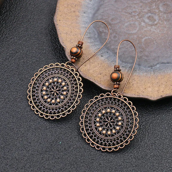 Vintage Ethnic Round Hollow Flower Pattern Dangle Earrings for Women