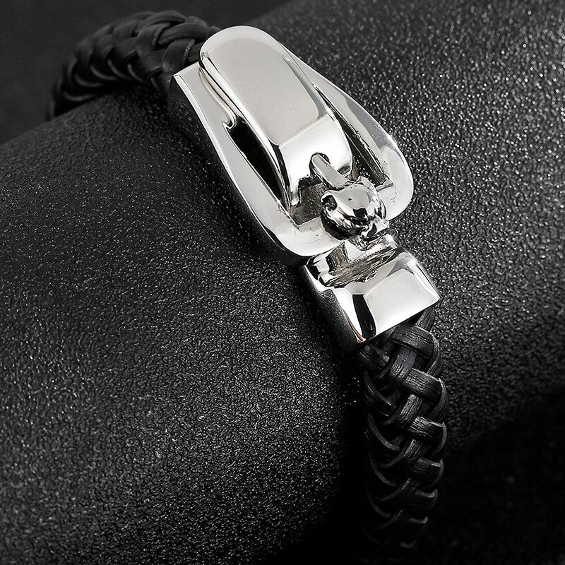 Genuine Leather Wolf Head Bracelet Men