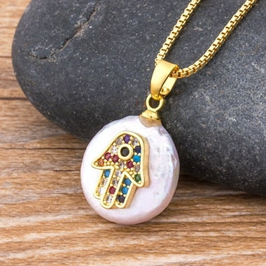 Women Men Hamsa Hand Necklace Gold Color Copper Zircon Evil Eye Pendant