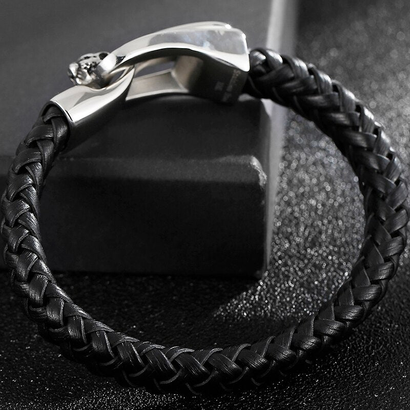 Genuine Leather Wolf Head Bracelet Men