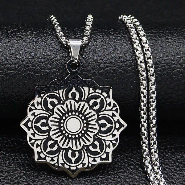 Mandala Lotus Flower Stainless Steel Chain Necklace for Women Silver Color Necklaces