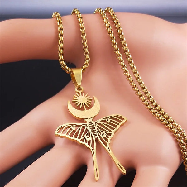 Witchcraft Sun Moon Butterfly Stainless Steel Necklaces Gold Color Chain Necklace