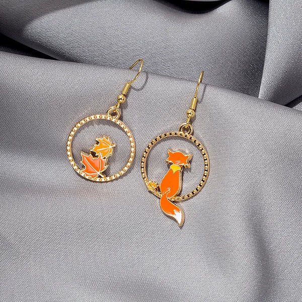 Cute Long Yellow Maple Leaf Fox Earrings Fashion Hollow Cartoon Sweet Girl Drop Earrings