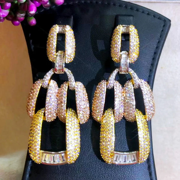 Luxury Dubai Europe Square Pendant Earrings Full Shiny CZ Bride Wedding Party Show Big Earring