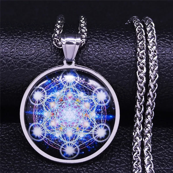 YOGA Flower of Life Glass Stainless Steel Men/Women Silver Color Long Pendant Necklace