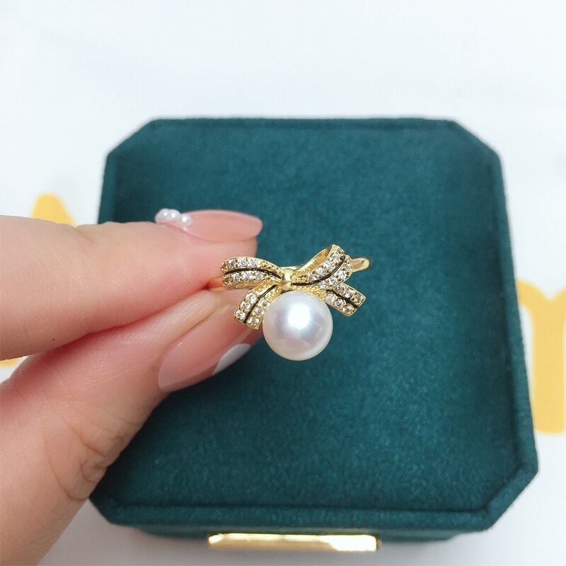 Real Natural Pearl Ring New Ins Personality Exquisite Bow 14K Gold Gild Design Female Girl Ring