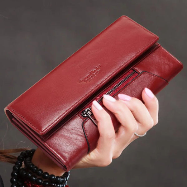 Fashion Women Genuine Leather Wallet RFID Blocking Tri-fold Credit Card Holder