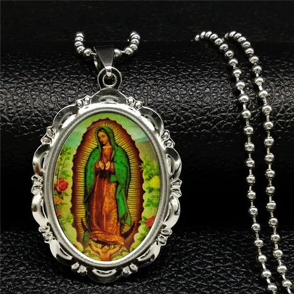 The Virgin Mary Jesus Stainless Steel Necklace for Women Silver Color Stainless Steel Necklace