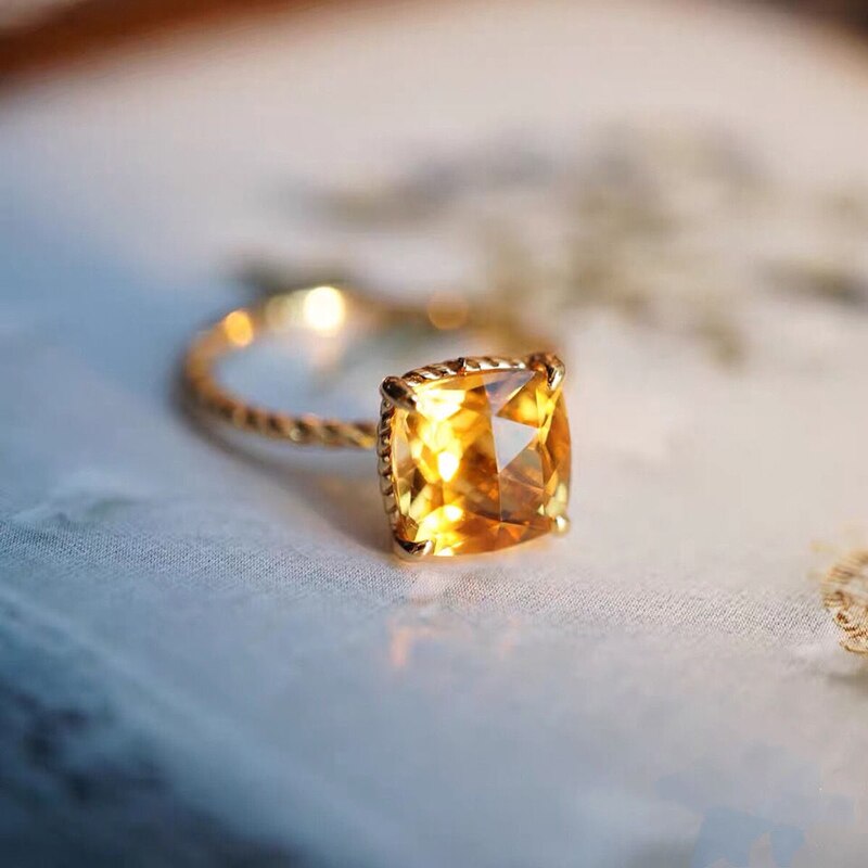 Three-dimensional design silver inlaid citrine square adjustable ring