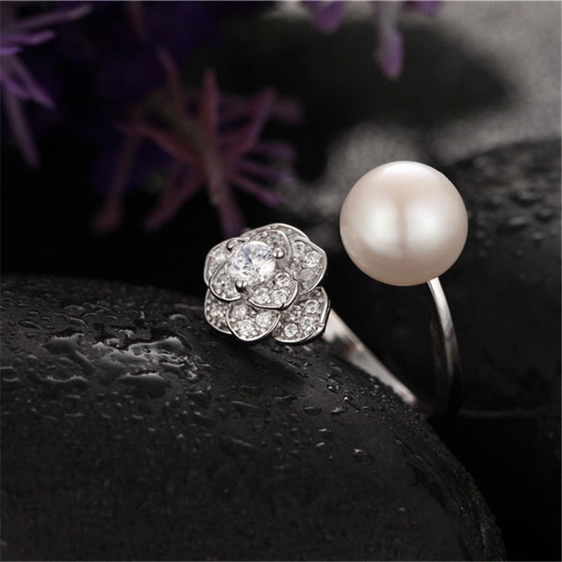 Three-dimensional flower 9-10mm natural freshwater pearl ring for women