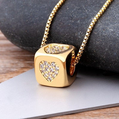 New Luxury Cute Cube Dice Heart Necklace Copper Zircon Gold Color Chain Necklace For Women