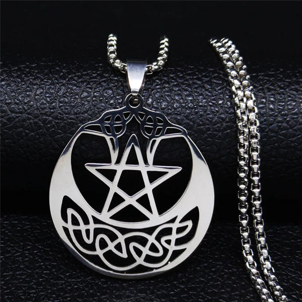 Viking Pattern Pentagram Moon Chains Necklaces Women/Men Silver Color Necklace