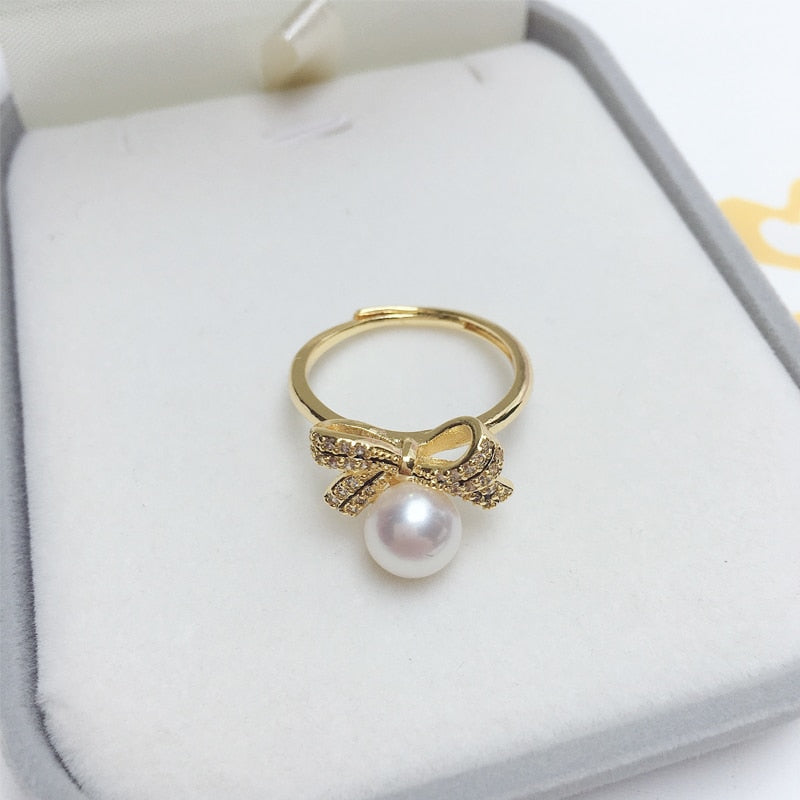 Real Natural Pearl Ring New Ins Personality Exquisite Bow 14K Gold Gild Design Female Girl Ring