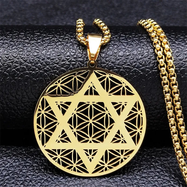 Judaism Stainless Steel Flower of life Hexagram Necklaces Gold Color Pendant Necklace