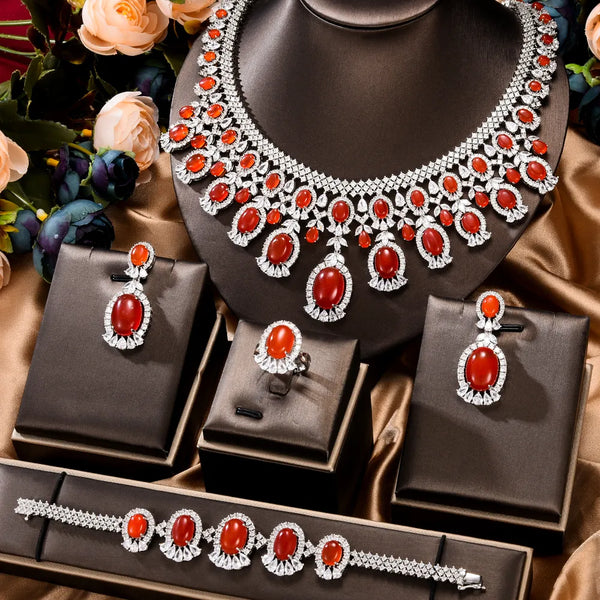 Luxury Bridal 4PCS Necklace Bracelet Earrings Ring Jewelry set For Ladies Women