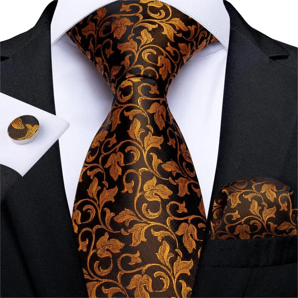 100% Silk Gold Floral Brown Men's Tie Set