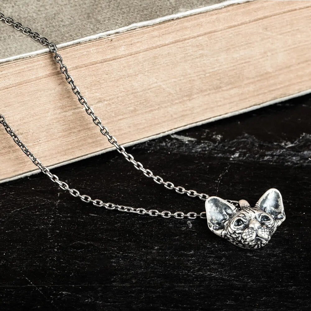 925 Sterling Silver Sphinx hairless Siamese Cat With Blue Eyes Pendant Necklace For Men Women