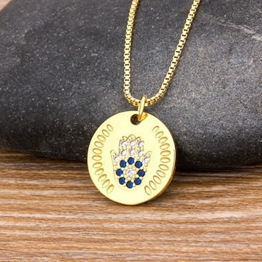 Women Men Hamsa Hand Necklace Gold Color Copper Zircon Evil Eye Pendant