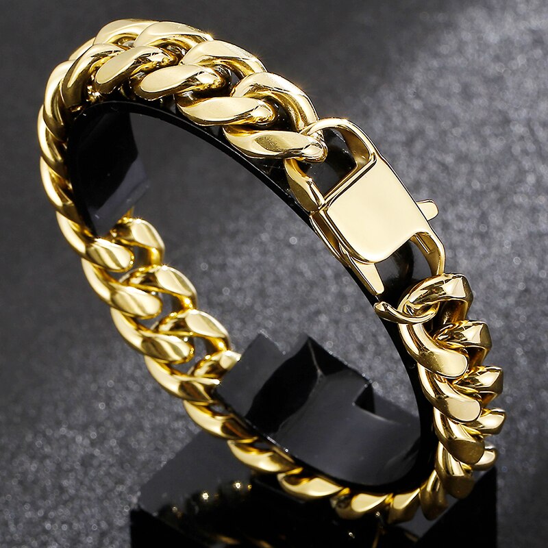 14MM Cuban Chain On Hand Bracelet Man Solid Polished Stainless Steel Curb Cuban Link Men's Bracelets