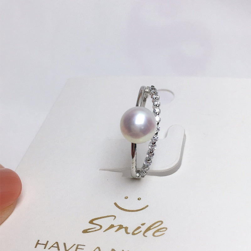 New Trendy Pearl Ring Natural Freshwater Pearl 925 Sterling Silver Good Quality Zircon Ring