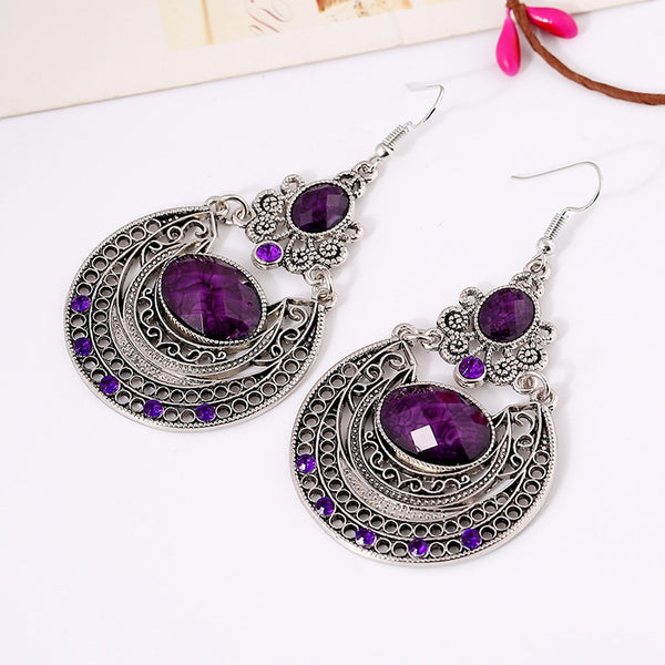 Vintage Long Women Drop Earrings Bohemian Ethnic Geometric Hollow Colorful Rhinestone Earrings