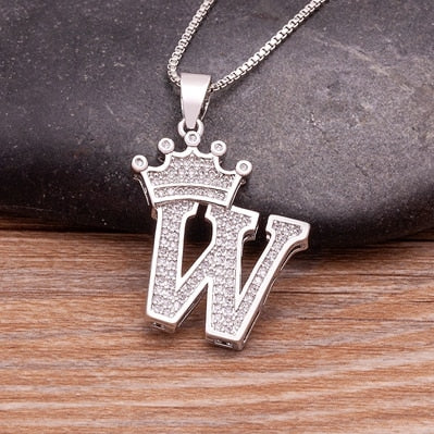 Fashion Luxury A-Z Crown Alphabet Pendant Chain Necklace